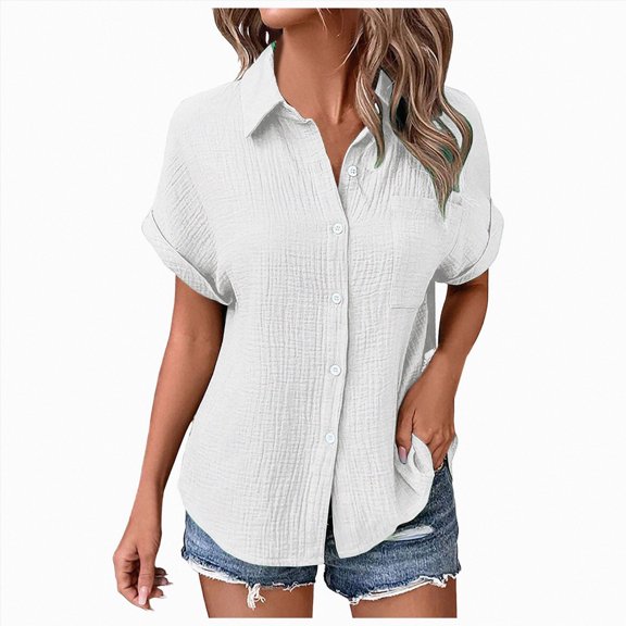 ORT Womens Button up Linen Shirt Short Sleeve Shirts Summer Fashion Cotton Linen Shirt Top Blouses with Pocket(White,S)