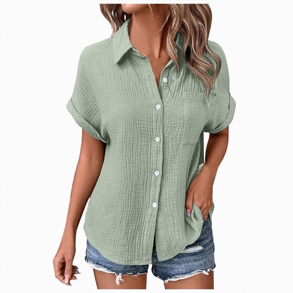 ORT Womens Casual Button up Short Sleeve Shirts Loose Fit Blouses Chest Pocket V Neck Collared Summer Tops(Light Green,L)