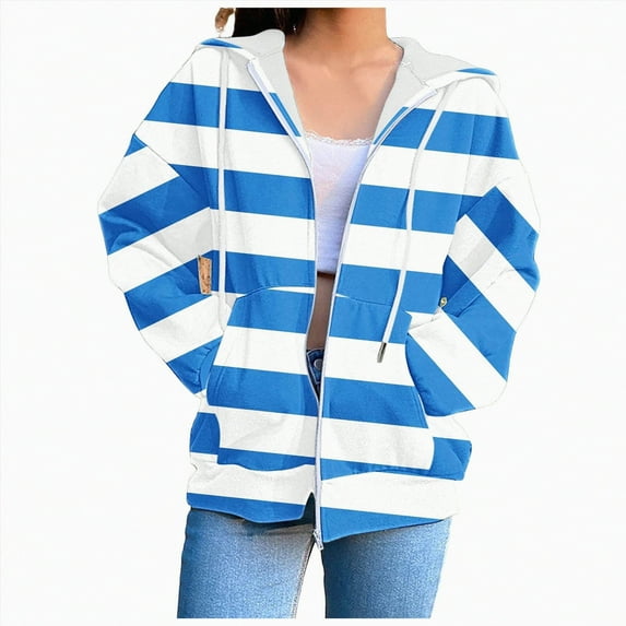 ORT Womens Plus Size Hoodies Sweatshirt Long Sleeve Zip Up Drawstring Jacket Coat Outwear with Pocket(Blue,XXL)