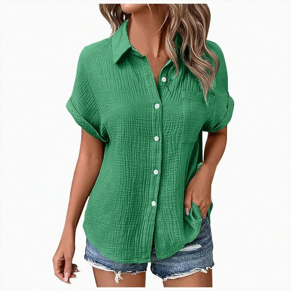 ORT Womens Short Sleeve Button up Dress Shirt Textured Collared Summer Work Blouse(Green-01,M)
