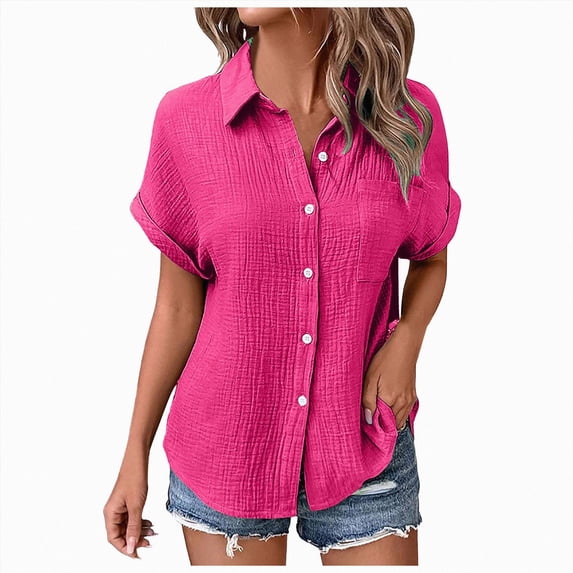 ORT Womens Short Sleeve Button up Dress Shirt Textured Collared Summer Work Blouse(Hot Pink,M)