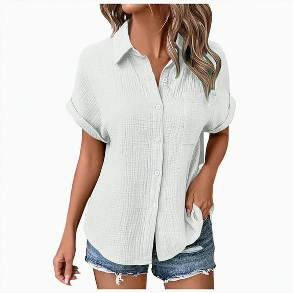 ORT Womens Short Sleeve Button up Dress Shirt Textured Collared Summer Work Blouse(White,XXL)