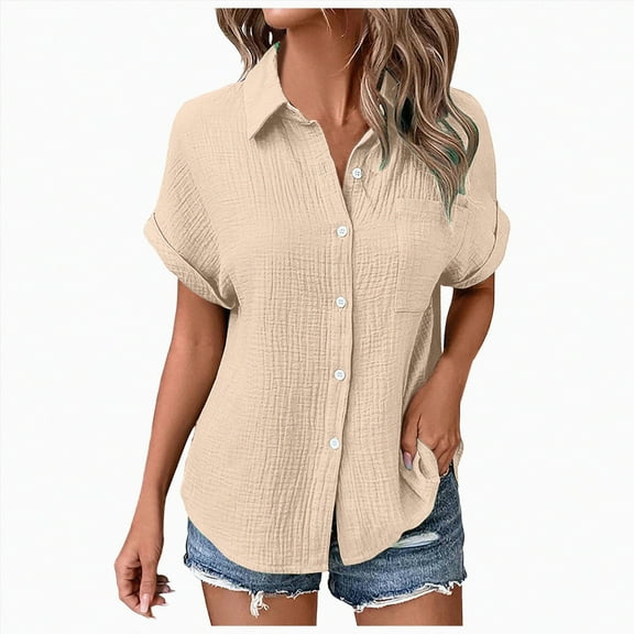ORT Womens Short Sleeve Button up Shirt Summer Fashion Cotton Linen Shirt Top Blouses with Pocket(Beige,L)