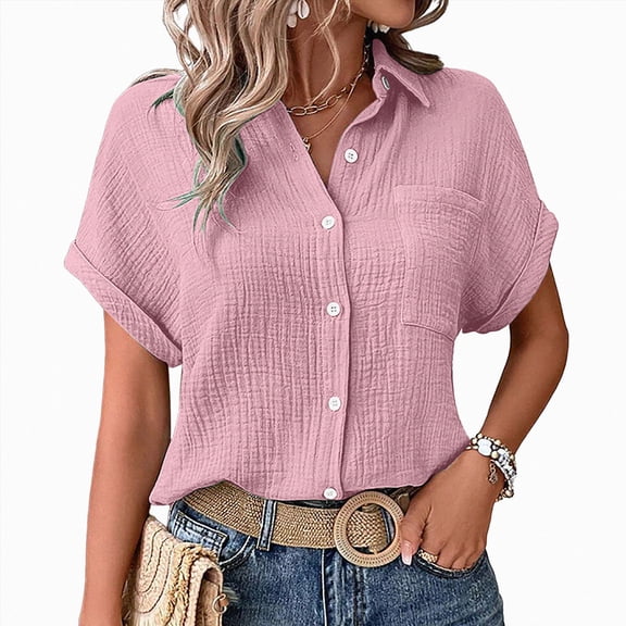 ORT Womens Short Sleeve Shirts V Neck Collared Button up Shirt Top Blouses with Pocket(Pink,XL)
