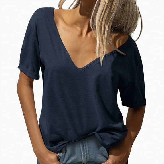 ORT Womens Summer Tops Trendy V Neck T Shirts Summer Fashion Dressy Casual Business Tunic Blouses(Navy,XL)