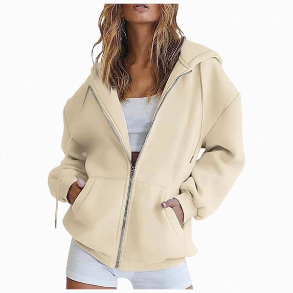 ORT Womens Zip Up Hoodies Loose fit Sweatshirt Casual Long Sleeve Shirts for Women Pullover Tops With Pocket(Beige,XXL)