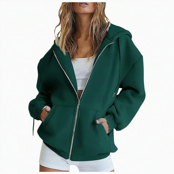 ORT Womens Zip Up Hoodies Loose fit Sweatshirt Casual Long Sleeve Shirts for Women Pullover Tops With Pocket(Dark Green,M)