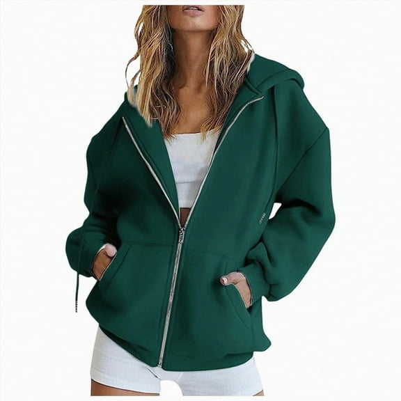 ORT Womens Zip Up Hoodies Loose fit Sweatshirt Casual Long Sleeve Shirts for Women Pullover Tops With Pocket(Dark Green,M)