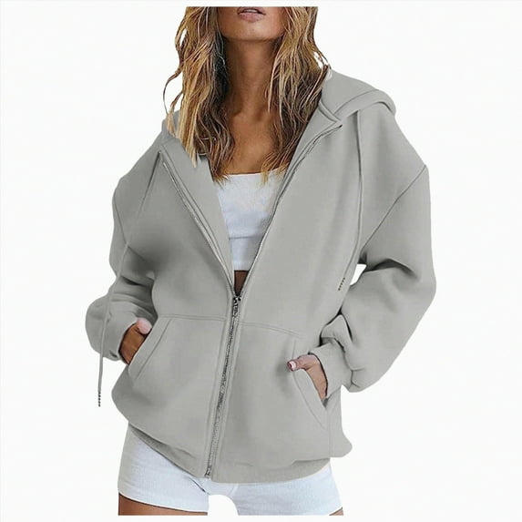 ORT Womens Zip Up Hoodies Loose fit Sweatshirt Casual Long Sleeve Shirts for Women Pullover Tops With Pocket(Grey,L)