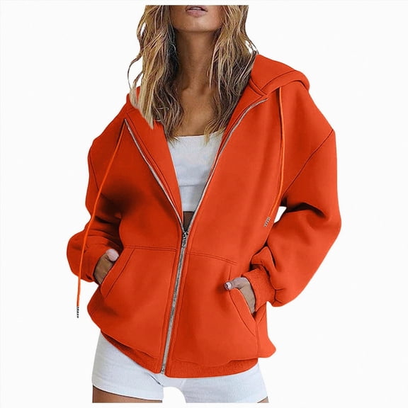 ORT Womens Zip Up Hoodies Loose fit Sweatshirt Casual Long Sleeve Shirts for Women Pullover Tops With Pocket(Orange,M)