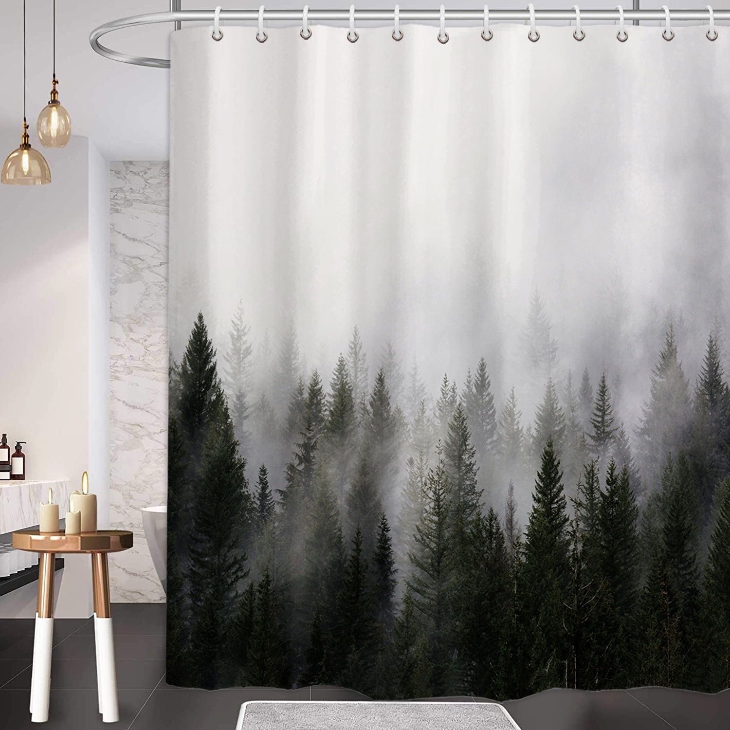 ORTIGIA Misty Forest Shower Curtains Nature Woodland Pine Tree Shower