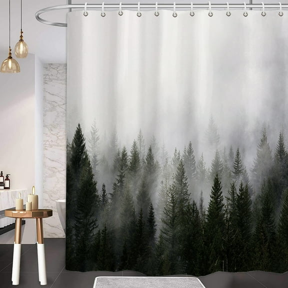 ORTIGIA Misty Forest Shower Curtains Nature Woodland Pine Tree Shower Curtain Bath Bathroom Bathtub Decoration Waterproof Polyester Fabric 72" Wx72 L-with Hooks