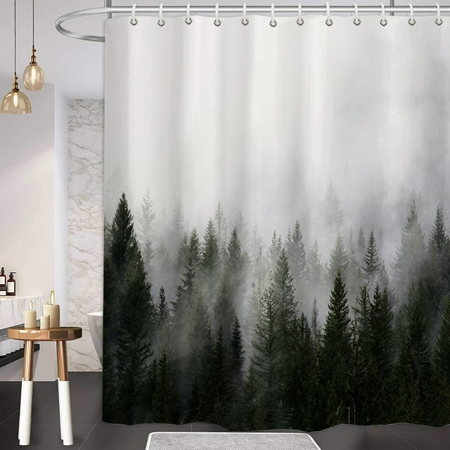 ORTIGIA Misty Forest Shower Curtains Nature Woodland Pine Tree Shower