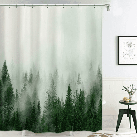 ORTIGIA Misty Forest Shower Curtains Nature Woodland Pine Tree Shower Curtain with Hooks Bath Bathroom Bathtub Decoration Waterproof Polyester Fabric 72 Wx72 L Inch(Green)