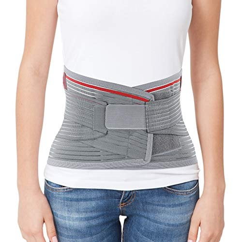 ORTONYX Lumbar Support Belt Lumbosacral Back Brace Ergonomic Design and Breathable Material - lower back pain relief warmer stretcher - M/L Waist 31.5"-39.4" Gray/Red