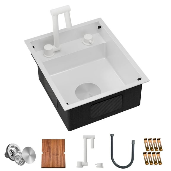 ORVA RV Kitchen Sink, 15 x 18 x 7 Inch Undermount Bar Sink 16 Gauge Stainless Steel Single Bowl Sink with Foldable Faucet Cutting Board, White