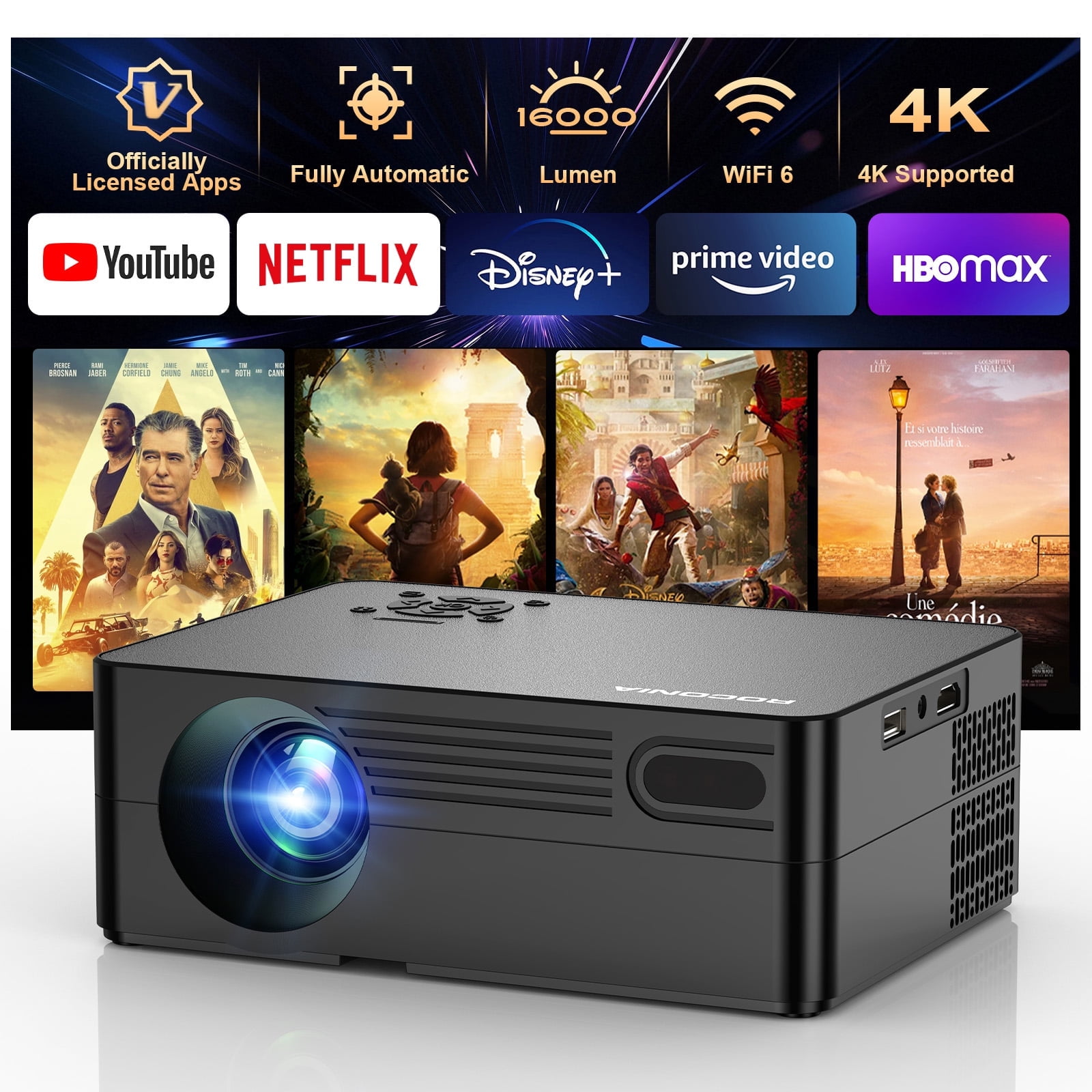 ORVANTI 5G WiFi Bluetooth 15000LM 4K Support Native 1080P Projector, Built-in Streaming Apps, LCD Technology 300" Display Home Theater