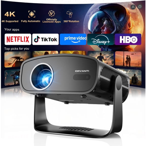 ORVANTI Smart Projector with 4K Support, 1080P Native, 150000 Lumens, Built-in Streaming Apps, Auto Focus & Keystone, Home Theater Projector, Outdoor Projector with 360 Stand