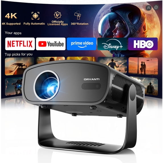ORVANTI Smart Projector with 4K Support, 1080P Native, 150000 Lumens, Built-in Streaming Apps, Auto Focus & Keystone, Home Theater Projector, Outdoor Projector with 360° Stand