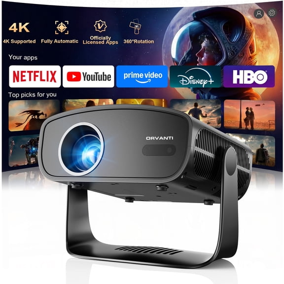 ORVANTI Smart Projector with 4K Support, 1080P Native, 150000 Lumens, Built-in Streaming Apps, Auto Focus & Keystone, Home Theater Projector, Outdoor Projector with 360 Stand