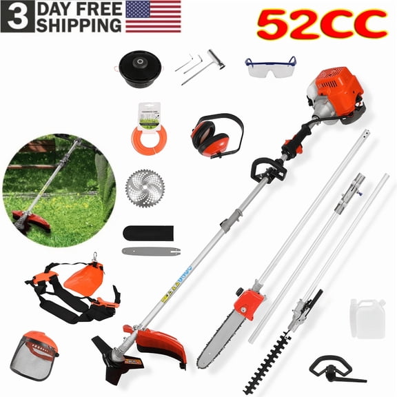 ORVELDIN 52CC 2-Cycle Weed Eater Gas Powered,String Trimmer Edger, Pole Saw, Hedge Trimmer and Brush Cutter Blade, 5-in-1 Multi Yard Care Tools, Rubber Handle & Shoulder Strap Included