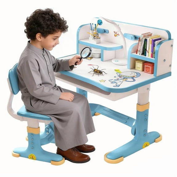ORVELDIN Desk and Chair Set,Kids Widened Desktop Cartoon Pattern Desk Chair Set Children Study Desk Height Adjustable Children School Study Desk School Home Study Table with Drawer Chair