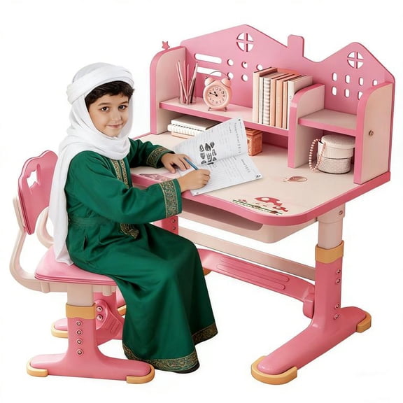 ORVELDIN Height Adjustable Kids Desk and Chair Set, Upgraded Kids Functional Desk and Chair Set, Kids School Desk, Writing Study Table for Girls Boys, Storage, Drawers, Bookshelf