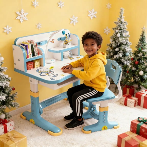 ORVELDIN Kids Desk and Chair Set, Cartoon Pattern Kids Study Desk Adjustable Height Widened Desktop Table and Chair Set Multi Separation Desks Chairs Set Kid Writing Table with Drawer for Home