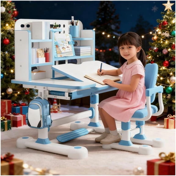 ORVELDIN Kids Desk and Chair Set, Height Adjustable Kids Study Desk with Widened Tabletop,Tiltable Reading Stand, Spine Protect & Prevent Myopia, for Boys & Girls 3+