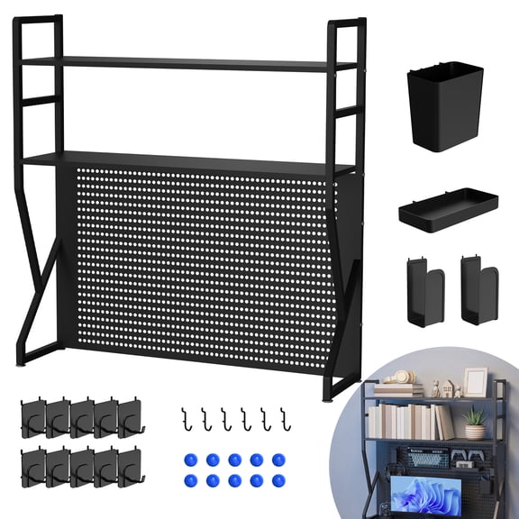 ORVELDIN Multi-Layer Pegboard Desk Shelf with Hooks and Storage Box, K Shaped Workspace Organizer for Computer, Book And Accessories, DIY Customizable, 100lbs Load, Home Office Storage Solution