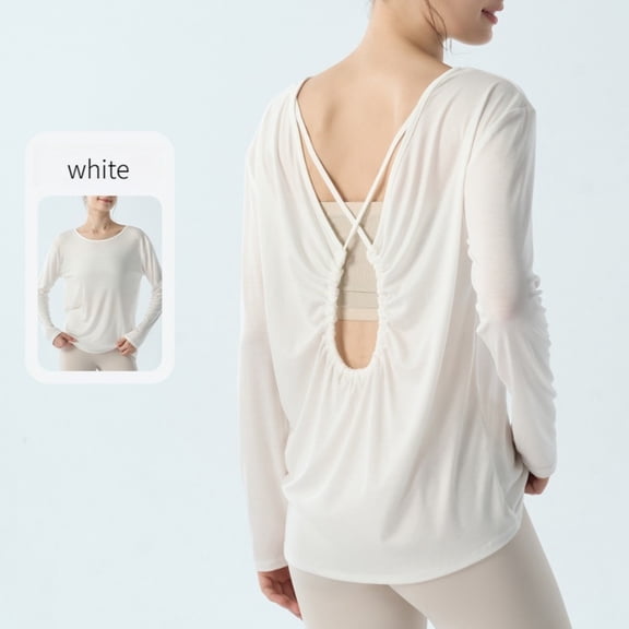 ORVELLUNE Women's Open Back Long Sleeve Workout Top, Cross Strap Ruched Athletic Shirt