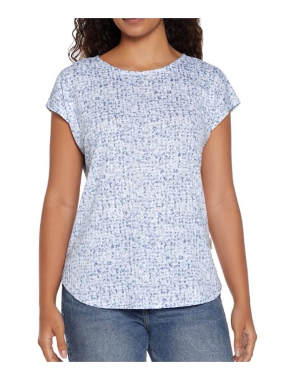 ORVIS'-WOMENS LINEN BLEND SHORT SLEEVE TOP- SIZE MEDIUM-COLOR BLUE