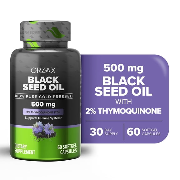 ORZAX 500 mg mg Black Seed Oil Organic Cold Pressed Capsules with 20mg Thymoquinone for Immune Support, Good Hair, Skin, and Joints (60 Soft Gel Capsules)
