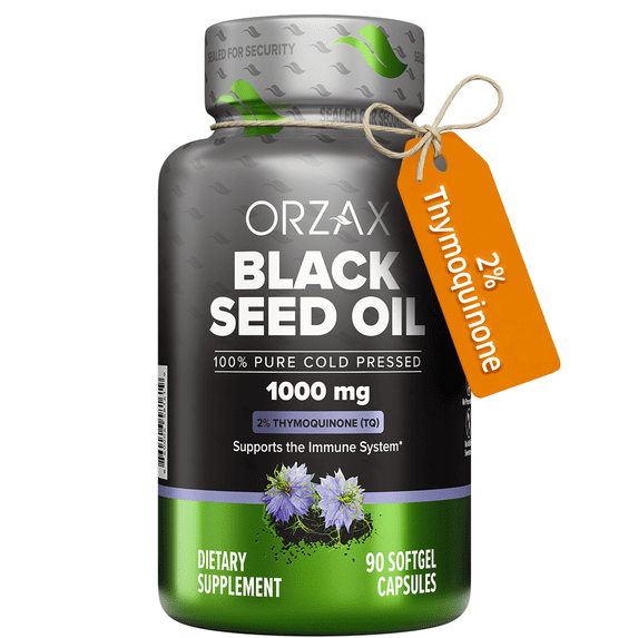 ORZAX Black Seed Oil Capsules, 90 Soft Gels, 1000 mg, 2% Thymoquinone, 100% Virgin Pure Cold Pressed
