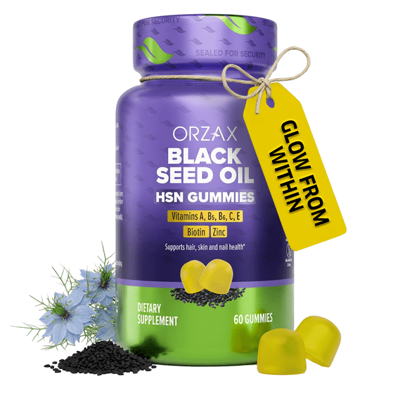 ORZAX Black Seed Oil HSN Gummies 500mg Hair Skin Nails Support with Biotin, Vitamin C, A, E & Zinc Pectin Based Gummy - 2 Months Supply