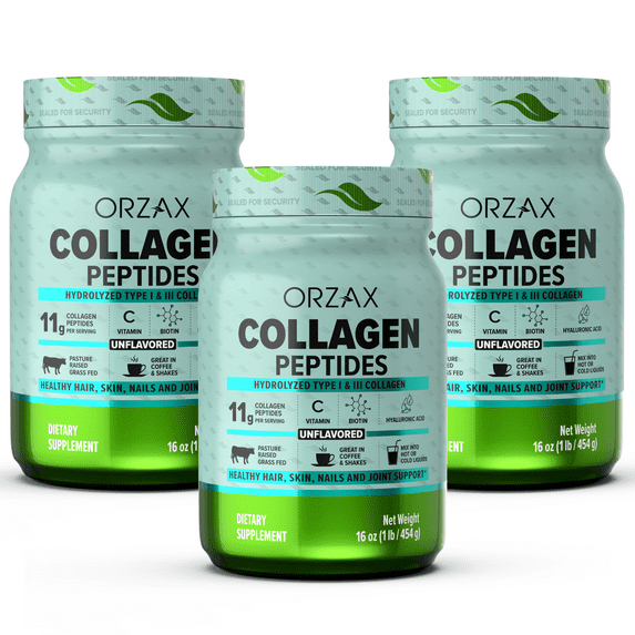 ORZAX Collagen Peptides Powder Unflavored - Hair, Skin and Nails Vitamins - Bone & Joint Support Supplement - Collagen Drink Mix - Collagen Powder for Women & Man with 3 Pack (16oz)