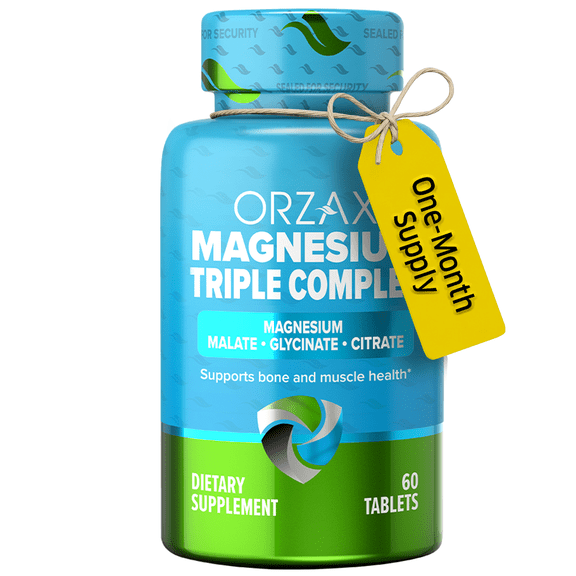 ORZAX Magnesium Complex, Vegan 200 mg Triple Mag Glycinate, Malate & Citrate, High Absorption, Gluten & Dairy Free, 60 Tablets
