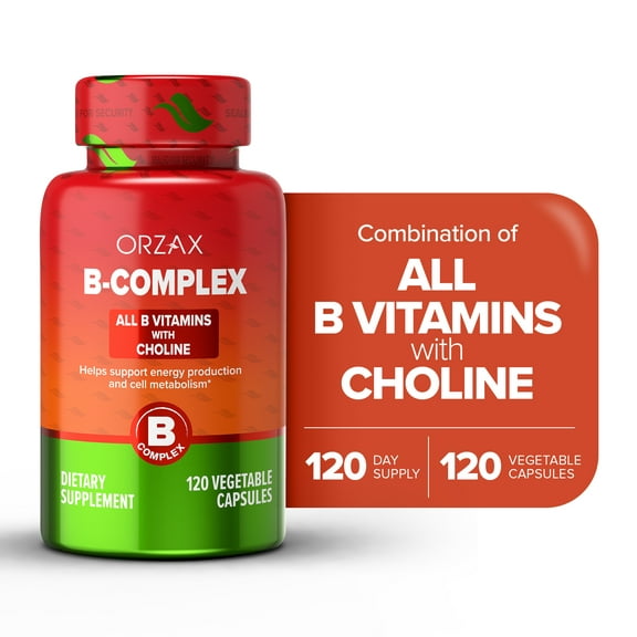 ORZAX Vitamin B Complex, Vegan, B Vitamins with Choline & Inositol - 120 Vegetable Capsules