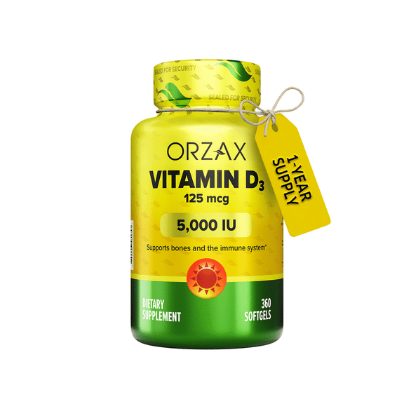 ORZAX Vitamin D3 5000 iu, 360 Days Supply, 125 Mcg Vitamin D3 Mini Softgel, 360 Count