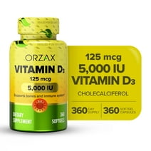 ORZAX Vitamin D3 5000 iu, 360 Days Supply, 125 Mcg Vitamin D3 Mini Softgel, 360 Count