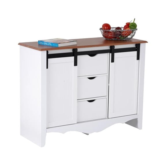 OS Home & Office Furniture Countryside Barn Door Buffet with Two Sliding Barn Doors & Three Drawers, Crisp White with Warm Pine Tops