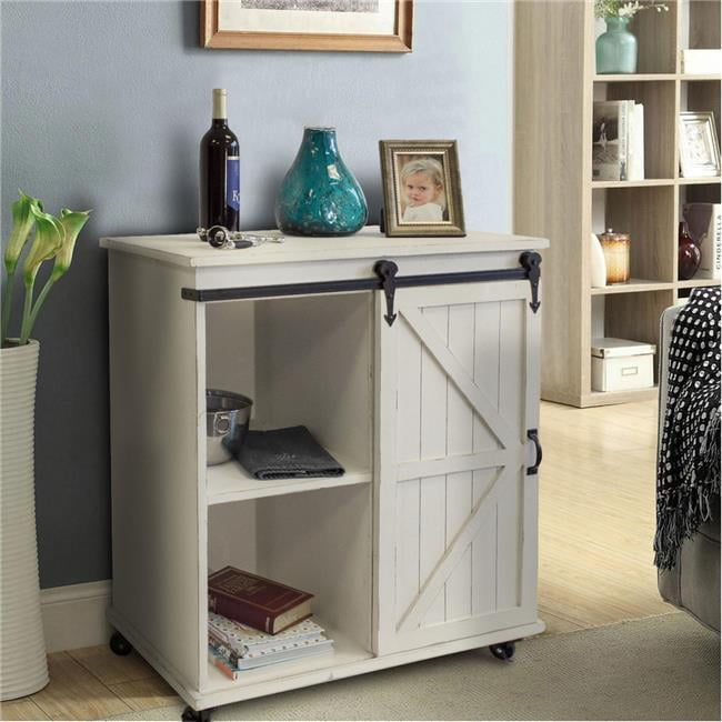 Distressed White Solid Wood Office Cabinet with Sliding Barn Door
