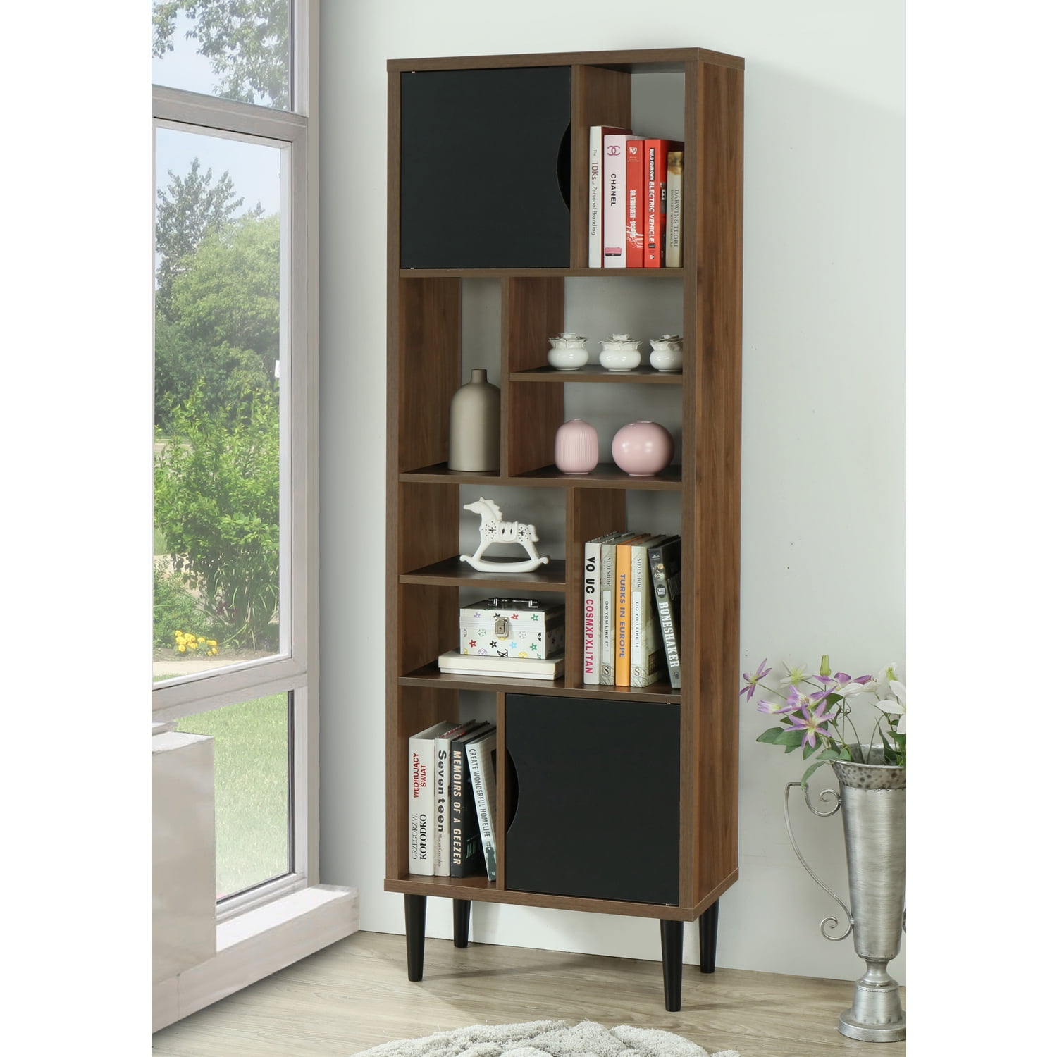 Tall Black and Danish Walnut Wood Bookcase with Doors