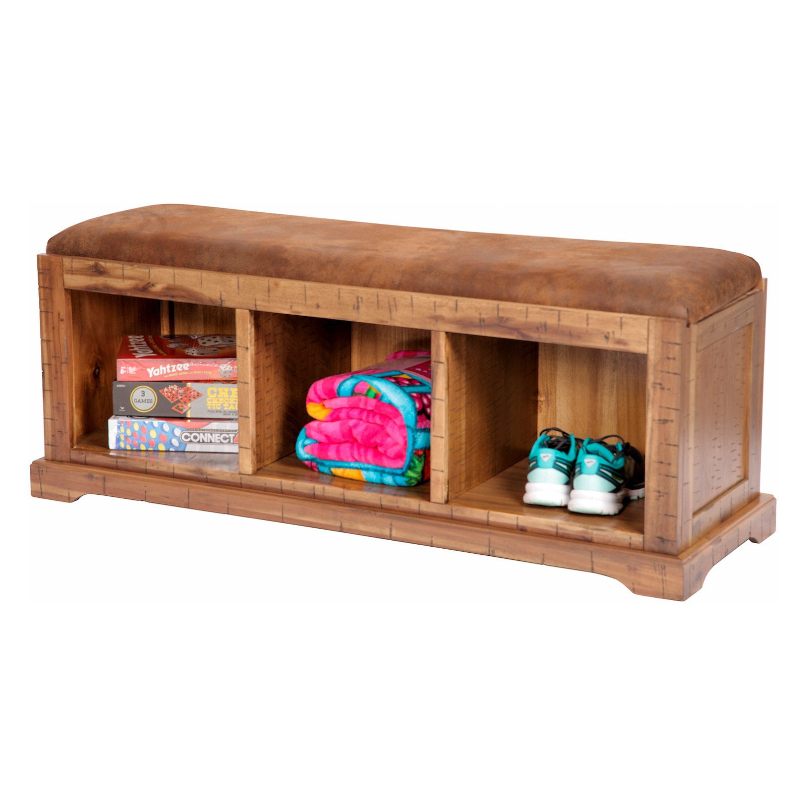 Distressed Toffee Brown Acacia Hall Bench with Storage and Microfiber Seat