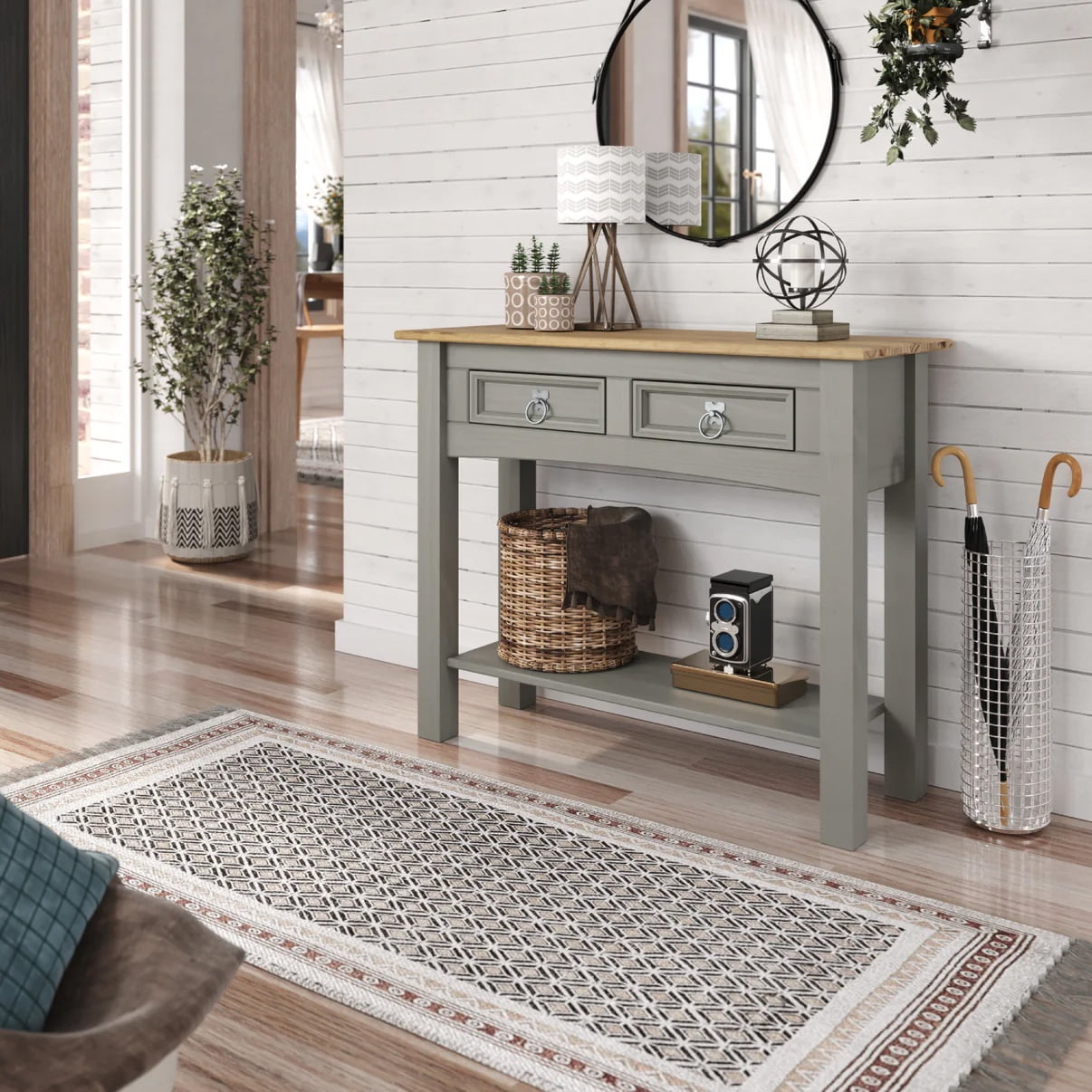Gray and Antique Brown Solid Pine Console Table with Storage