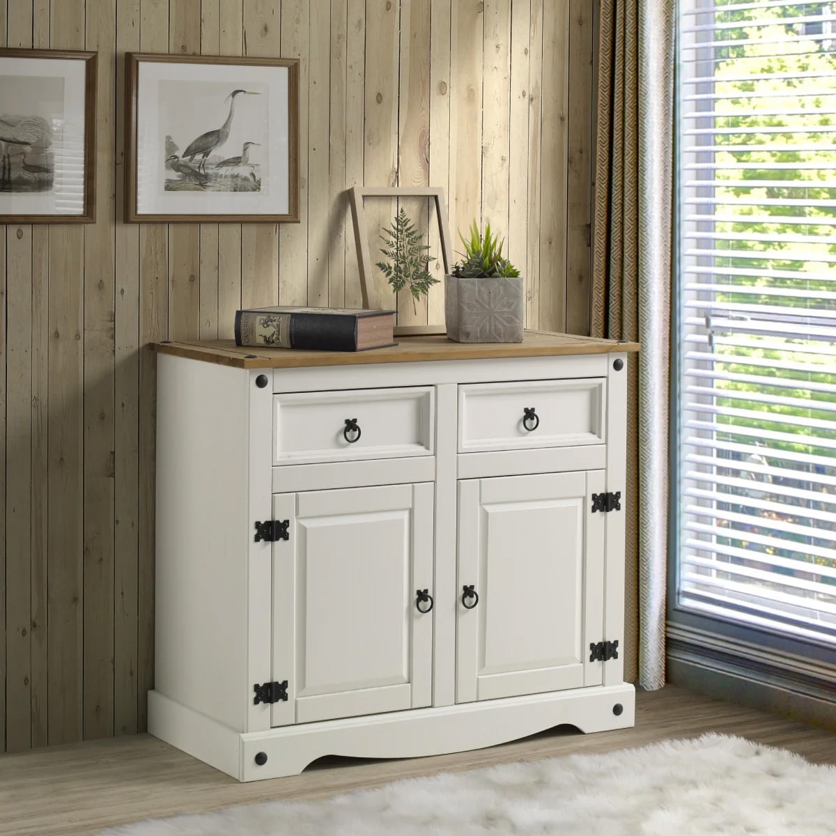 Os Home and Office Furniture Model COW915 Cottage Series Wood Buffet Sideboard in Distressed White