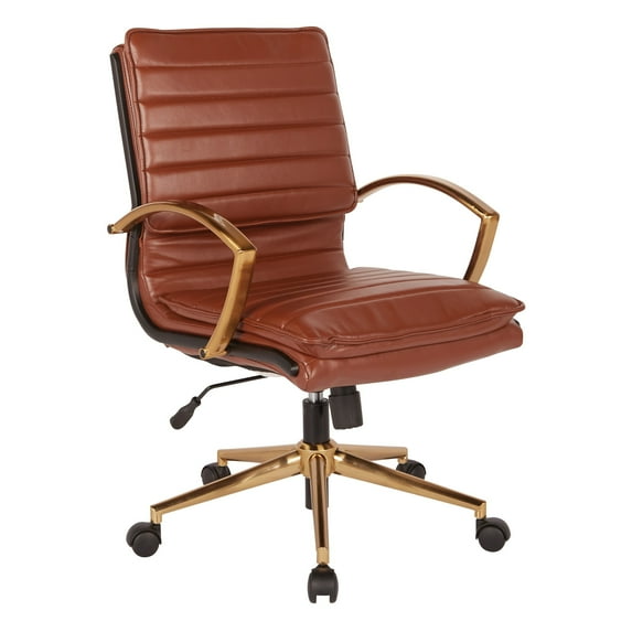 OS Home and Office Furniture Model Mid-Back Faux Leather Chair with Gold Finish in Saddle Faux Leather