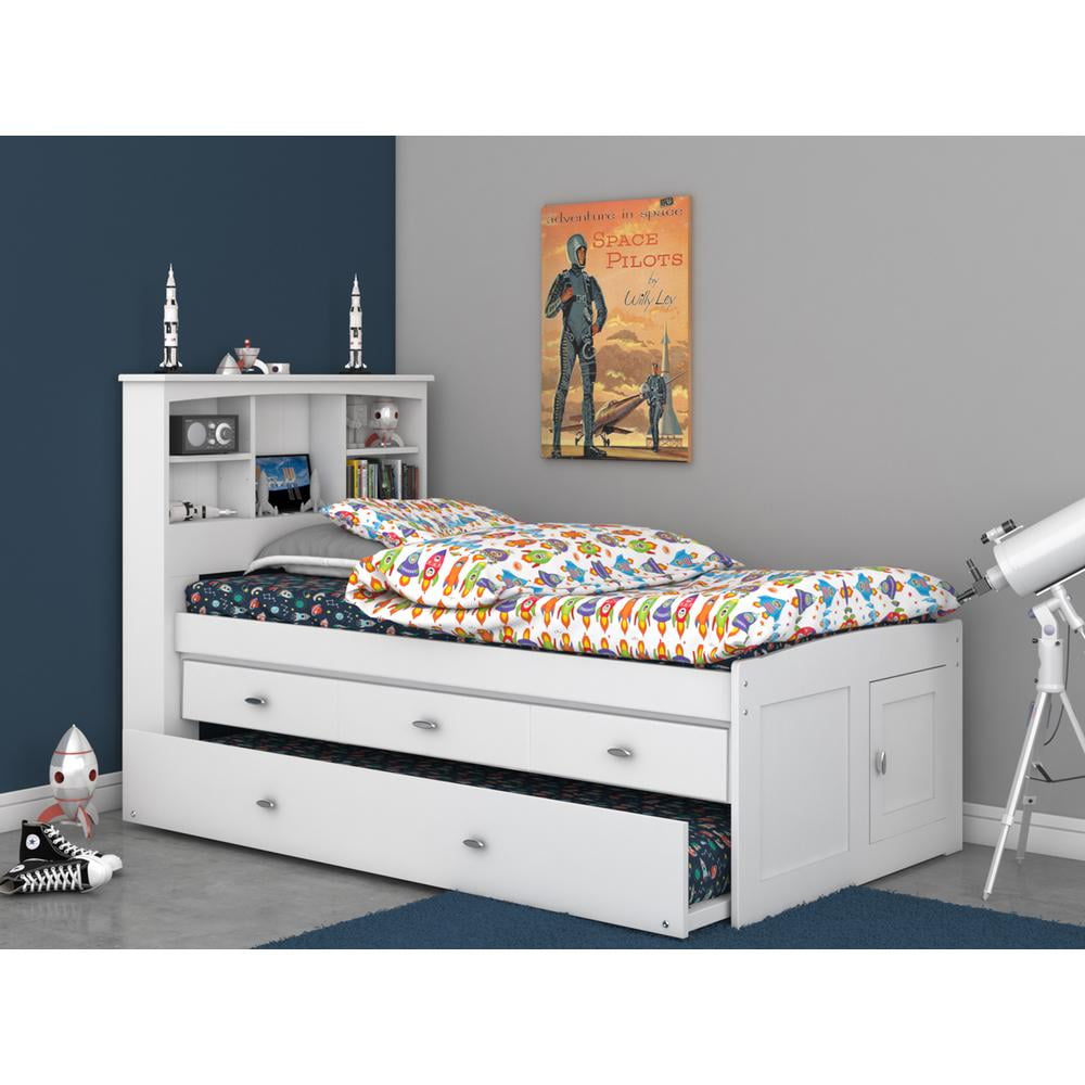 Casual White Twin Captain's Bookcase Bed with Trundle and Storage