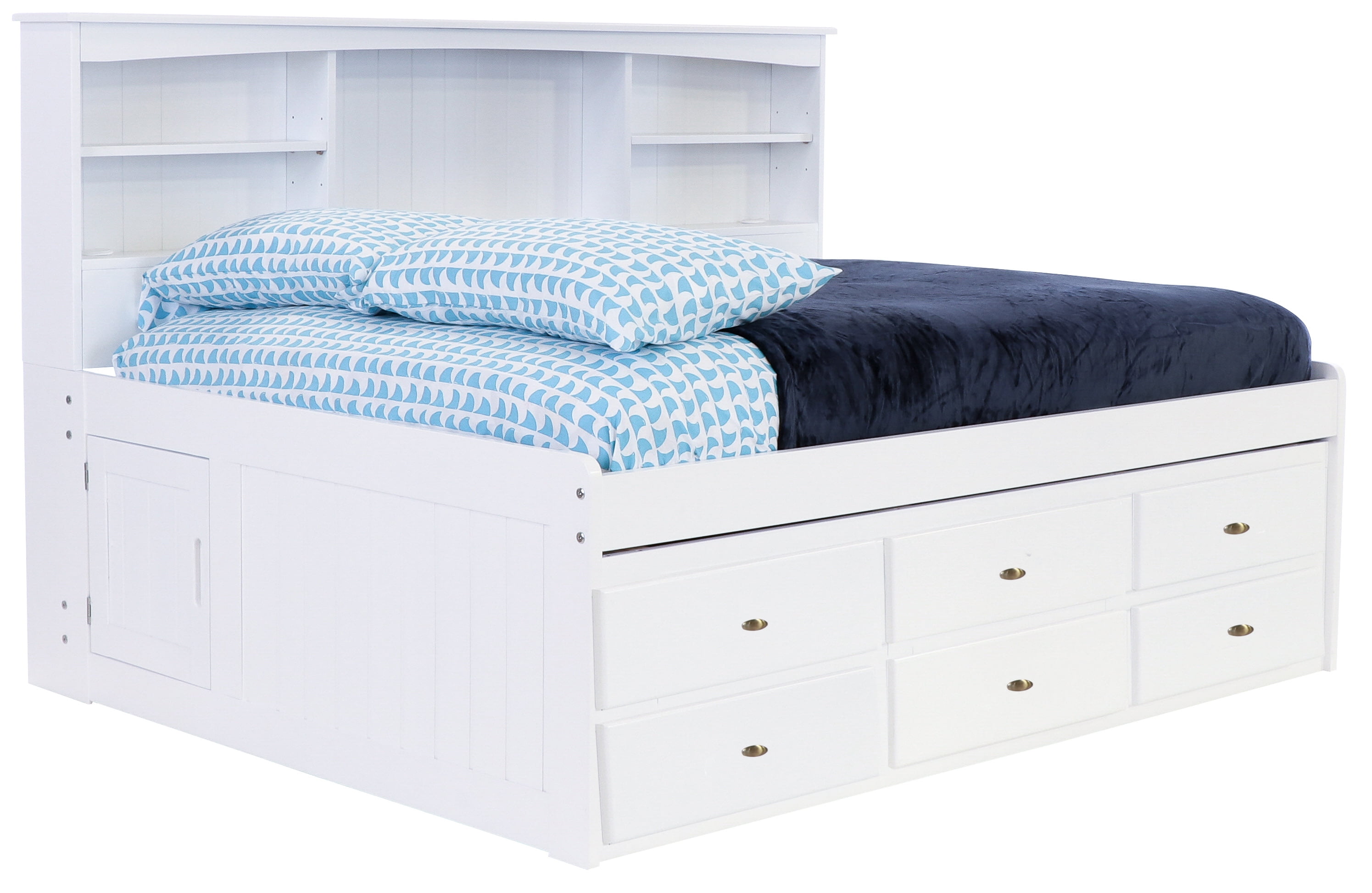 OS Home and Office Furniture Solid Pine Full Bookcase Daybed with Six Drawers in Casual White