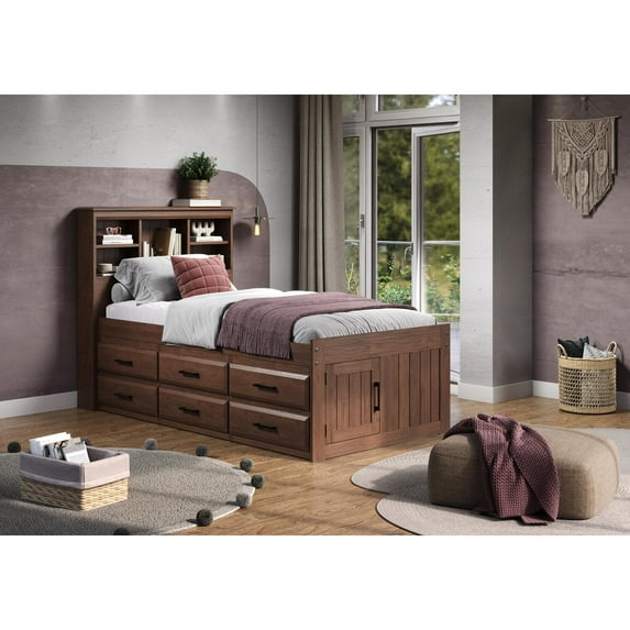 American Furniture Classics Solid Pine Twin Captains Bookcase Bed with 6 drawers in Classic Walnut
